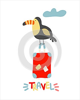 Concept illustration of toucan sitting on the suitcase, colorful flat vector illustration isolated on white background; travel con