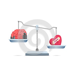 Concept illustration of weighing tools with broken heart are heavier than a brain. isolated on a white background