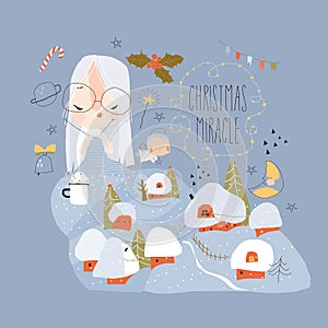 Concept Illustration with Winter Girl knitting Snowdrifts. Christmas Miracle