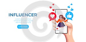 concept of illustration of women as social media influencers with 3d hand. Social media marketing, promotion, blogging,