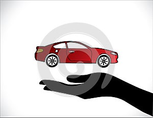 Concept Illustrations of a Car Insurance or Car Protection using Hand Silhouettes and beautiful bright red Car