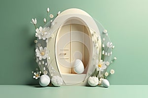 Illustrazione di sfondo digitale di porta di ambiente pasquale, con uova e fiori, ideale per manipolazione fotografica, creato con photo