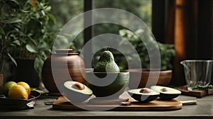 Concept image of avocado in the pot at table