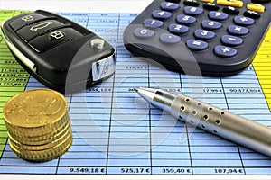 An concept Image of a car key, calculator and a Business paper