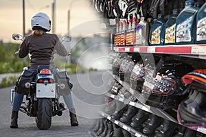 Concept image of costs for maintenance of motorcycle and apparel for motorcyclists, woman on bike near blurred shop stalls with