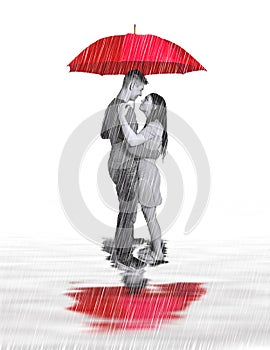 Concept image of couple in love standing under large red umbrella while raining and reflections in puddles.  Isolated on White. photo