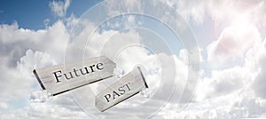 Concept image of Future Past and Present on a signpost against the sky with sunlight 3d rendering