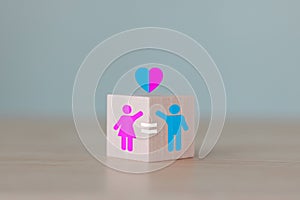 Concept image of gender equality. Male and female symbols are sex icons on a wooden cube