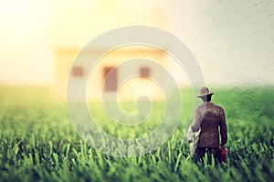 Concept image of person with suitcase coming back home