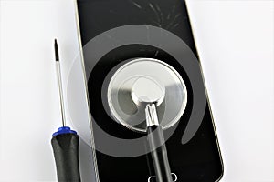 An concept image of a smart phone diagnostic with gadgets and a stethoscope