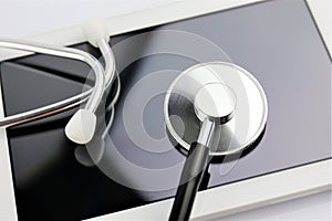 An concept image of a smart phone diagnostic with gadgets and a stethoscope