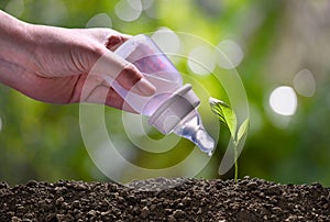 Concept  image of young plant being cared for and watered by baby water bottle on nature background