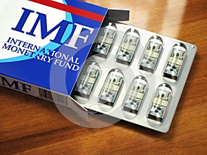 Concept of IMF tranches. Pack of dollars as pills in blister pac