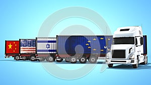 Concept of importing goods from Israel Europe China and America by dump truck with trailer 3d render on blue background with