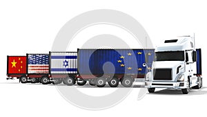Concept of importing goods from Israel Europe China and America by dump truck with trailer 3d render on white background with