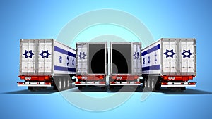Concept of importing goods from Israel by open trailers dump trucks 3d render on blue background with shadow