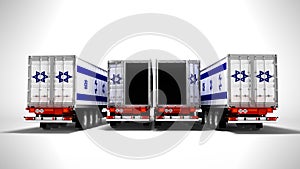 Concept of importing goods from Israel by open trailers dump trucks 3d render on gray background with shadow