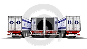 Concept of importing goods from Israel by open trailers dump trucks 3d render on white background with shadow