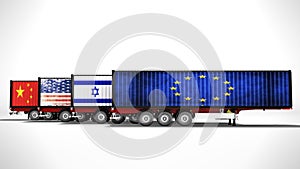 Concept of importing goods from Israel to Europe China America trailers dump trucks 3d render on gray background with shadow