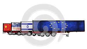 Concept of importing goods from Israel to Europe China America trailers dump trucks 3d render on white background no shadow