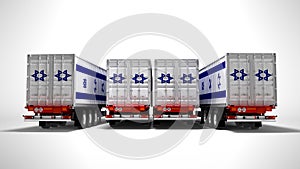 Concept of importing goods from Israel by trailers dump trucks 3d render on gray background with shadow