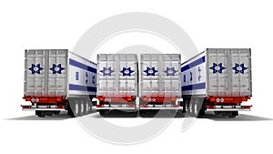 Concept of importing goods from Israel by trailers dump trucks 3d render on white background with shadow