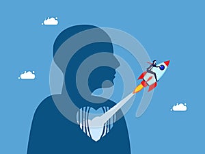 Concept of independent mind and decisive decision. Businessman riding a rocket flying out of the heart