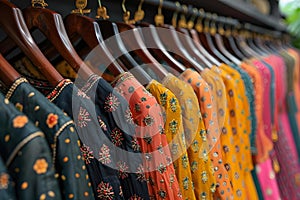 Concept Indian Fashion, Indian Womens Fashion Dresses Showcased on Hangers in a Retail Shop