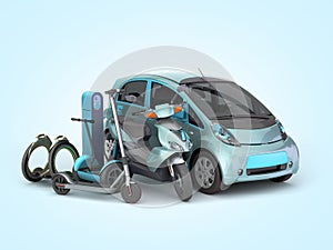 Concept of individual electric transport different type of electric machines on 3d render on blue gradient