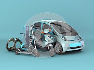 Concept of individual electric transport different type of electric machines on 3d render on blue gradient