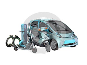 Concept of individual electric transport different type of electric machines on 3d render on white no shadow
