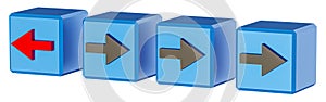 Concept of individuality. Cubes with arrows. One cube with red arrow, the others with a black arrow. Isolated on transparent png