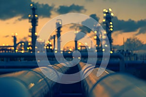Concept Industrial Dusk at an oil refinery with steel pipelines in a petrochemical setting