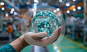 Concept of Industry 4.0 and Smart Manufacturing - Holographic Sphere with Connected Icons of IoT AI Big Data Automation in the