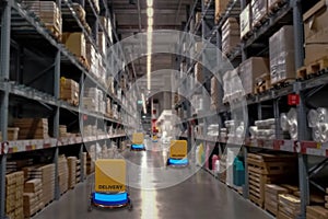 Concept industry 4.0 robotic Artificial Intelligence,Autonomous Robot of warehouse logistic,smart Automated delivery vehicle in photo