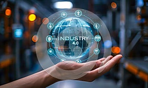 Concept of Industry 4.0 and Smart Manufacturing - Holographic Sphere with Connected Icons of IoT AI Big Data Automation in the photo