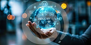 Concept of Industry 4.0 and Smart Manufacturing - Holographic Sphere with Connected Icons of IoT AI Big Data Automation in the photo
