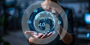 Concept of Industry 4.0 and Smart Manufacturing - Holographic Sphere with Connected Icons of IoT AI Big Data Automation in the photo