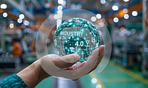 Concept of Industry 4.0 and Smart Manufacturing - Holographic Sphere with Connected Icons of IoT AI Big Data Automation in the photo