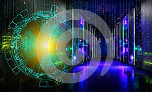 Concept of information technology and big data. technological background of the hologram futuristic server room modern