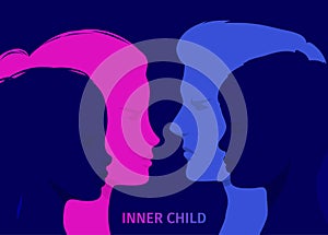 Concept of inner child. Silhouette of a man and woman showing their inner child