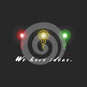 Concept innovation ideas, inspiration creative result, row three colorful light bulbs, realistic light black background