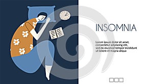 Concept of insomnia, anxiety disorder. The woman cannot sleep at night. Vector illustration in flat style