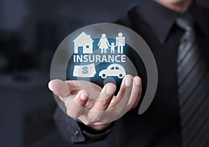 Concept of insurance with house, car, family and money