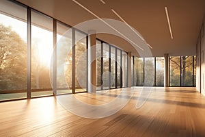 Interior of modern empty hall open space with large window and hardwood floor, 3d rendering. Generative AI