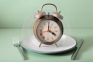 Concept of intermittent fasting, ketogenic diet, weight loss. fork and knife, alarmclock on plate