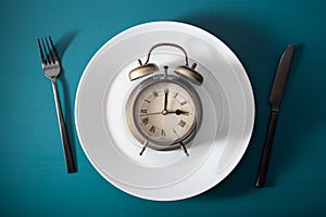 Concept of intermittent fasting, ketogenic diet, weight loss. fork and knife on a plate and alarmclock