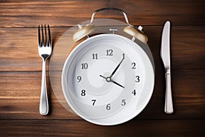 Concept of intermittent fasting, showing an empty plate and a clock. The practice of eating within specific time. AI