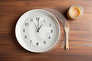 Concept of intermittent fasting, showing an empty plate and a clock. The practice of eating within specific time. AI