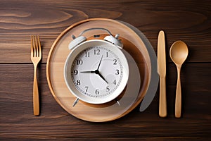 Concept of intermittent fasting, showing an empty plate and a clock. The practice of eating within specific time. AI